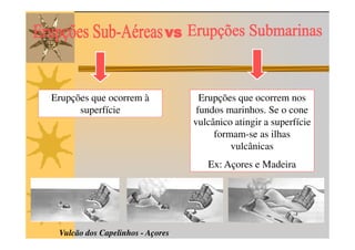 Erupções que ocorrem à              Erupções que ocorrem nos
      superfície                   fundos marinhos. Se o cone
                                  vulcânico atingir a superfície
                                       formam-se as ilhas
                                           vulcânicas
                                     Ex: Açores e Madeira




 Vulcão dos Capelinhos - Açores
 