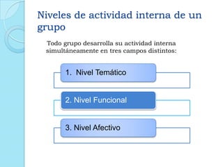 Niveles de actividad interna de un
grupo
Todo grupo desarrolla su actividad interna
simultáneamente en tres campos distintos:
1. Nivel Temático
2. Nivel Funcional
3. Nivel Afectivo
 