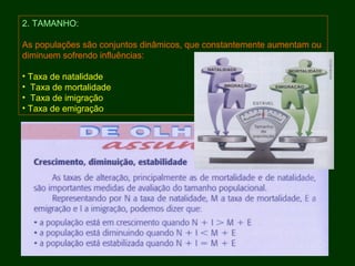 2. TAMANHO:
As populações são conjuntos dinâmicos, que constantemente aumentam ou
diminuem sofrendo influências:
• Taxa de natalidade
• Taxa de mortalidade
• Taxa de imigração
• Taxa de emigração
 