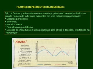 FATORES DEPENDENTES DA DENSIDADE:
São os fatores que impedem o crescimento populacional, excessivo devido ao
grande número de indivíduos existentes em uma determinada população:
• Disputas por espaço;
• alimento;
• parceiro sexual
• Parasitismo e predatismo
• Excesso de indivíduos em uma população gera stress e doenças, interferindo na
reprodução
 