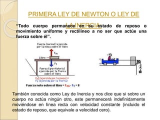 PRIMERA LEY DE NEWTON O LEY DE
LA INERCIA:
También conocida como Ley de Inercia y nos dice que si sobre un
cuerpo no actúa ningún otro, este permanecerá indefinidamente
moviéndose en línea recta con velocidad constante (incluido el
estado de reposo, que equivale a velocidad cero).
“Todo cuerpo permanece en su estado de reposo o
movimiento uniforme y rectilíneo a no ser que actúe una
fuerza sobre él”.
 