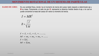 01/08/2017 GUSTAVO SALINAS E. 15
MOVIMIENTO ROTACIONAL DE UN SISTEMA DE PARTÍCULAS
RADIO DE GIRO: Es una cantidad física, donde I es el momento de inercia del cuerpo rígido respecto a determinado eje y
M su masa. Físicamente, el radio de giro R. representa la distancia medida desde el eje, a la cual se
puede concentrar la masa del cuerpo sin variar su momento de inercia.
2
I MR
1 2 3
1 2 3
.......,
......
i
i
I I I I
M m m m
I I
M m
   
   
 
 
I
R
M

 