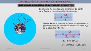 01/08/2017 GUSTAVO SALINAS E. 40
GRAVITACIÓN UNIVERSAL Y LEYES DE KEPLER
P
g
r
RT
h
r
u
r
INTENSIDAD DELCAMPO GRAVITATORIO TERRESTRE
En el punto P, que dista una distancia r del centro
de la Tierra, el vector intensidad de campo es:
T
2
M
g G u
r
  
r r
Dónde MT es la masa de la Tierra. La distancia r la
podemos poner en función del radio de la Tierra RT y
de la altura h: r = RT + h
T
2
T
M
g G u
(R h)
  

r r
𝑴 𝑻 = 𝟓, 𝟗𝟖 · 𝟏𝟎 𝟐𝟒 𝒌𝒈
𝑹 = 𝟔𝟑𝟎𝟕𝟎 𝒌𝒎 = 𝟔, 𝟑𝟕 𝐱 𝟏𝟎 𝟔
𝒎
 