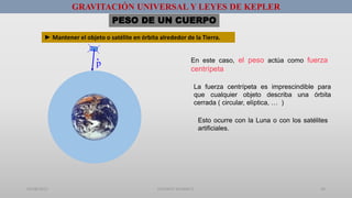01/08/2017 GUSTAVO SALINAS E. 44
GRAVITACIÓN UNIVERSAL Y LEYES DE KEPLER
► Mantener el objeto o satélite en órbita alrededor de la Tierra.
PESO DE UN CUERPO
p
r En este caso, el peso actúa como fuerza
centrípeta
La fuerza centrípeta es imprescindible para
que cualquier objeto describa una órbita
cerrada ( circular, elíptica, … )
Esto ocurre con la Luna o con los satélites
artificiales.
 