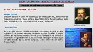 01/08/2017 GUSTAVO SALINAS E. 59
GRAVITACIÓN UNIVERSAL Y LEYES DE KEPLER
TEORÍAS GEOCÉNTRICA E HELIOCÉNTRICA
ESTUDIO DEL UNIVERSO EN LOS SIGLOS
Galileo Galilei
Galileo Galilei
Descubrió las fases de Venus con un telescopio que construyó en 1610, demostrando que
giraba alrededor del Sol y que la teoría de Copérnico era cierta. También descubrió cuatro
de los satélites de Júpiter. Estudió las manchas solares y la vía láctea.
Johannes Kepler
En 1610,Kepler utilizó los datos exhaustivos de Tycho Brahe y adapto la teoría de
Copérnico a un sistema planetario con órbitas elípticas. Descartó la antigua
creencia del movimiento uniforme y supuso que la velocidad de los planetas es
mayor o menor según la distancia al Sol. Sus teorías, válidas para cualquier objeto
en órbita alrededor de una estrella cualquiera, quedan establecidas en las tres
leyes de Kepler.
 