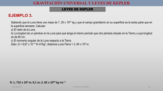 GRAVITACIÓN UNIVERSAL Y LEYES DE KEPLER
LEYES DE KEPLER
Sabiendo que la Luna tiene una masa de 7, 35 x 1022 kg y que el campo gravitatorio en su superficie es la sexta parte que en
la superficie terrestre. Calcular:
a) El radio de la Luna.
b) La longitud de un péndulo en la Luna para que tenga el mismo período que otro péndulo situado en la Tierra y cuya longitud
es de 60 cm.
c) El momento angular de la Luna respecto a la Tierra.
Dato: G = 6,67 x 10−11 N m2/kg2, distancia Luna-Tierra = 3, 84 x 108 m.
EJEMPLO 3.
R: 1, 732 x 106 m; 0,1 m; 2, 82 x 1034 kg ms−1
01/08/2017 GUSTAVO SALINAS E. 68
 
