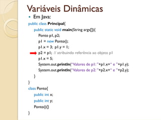 Variáveis Dinâmicas
    Em Java:
public class Principal{
    public static void main(String args[]){
      Ponto p1, p2;
      p1 = new Ponto();
      p1.x = 3; p1.y = 1;
      p2 = p1; // atribuindo referência ao objeto p1
      p1.x = 5;
      System.out.println(“Valores de p1: ”+p1.x+“ e ”+p1.y);
      System.out.println(“Valores de p2: ”+p2.x+“ e ”+p2.y);
    }
}
class Ponto{
    public int x;
    public int y;
    Ponto(){}
}
 