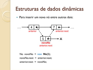 Estruturas de dados dinâmicas
 Para inserir um novo nó entre outros dois:


...       4                        7                   ...
        anterior                       anterior.next


                     5                     X
                     novoNo
                   anterior.next


 No novoNo = new No(5);
 novoNo.next = anterior.next;
 anterior.next = novoNo;
 