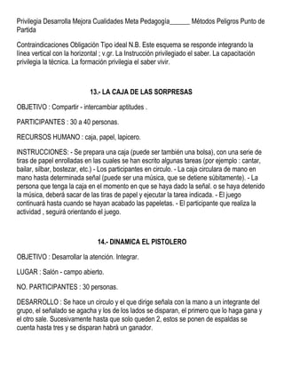 Privilegia Desarrolla Mejora Cualidades Meta Pedagogía______ Métodos Peligros Punto de
Partida
Contraindicaciones Obligación Tipo ideal N.B. Este esquema se responde integrando la
línea vertical con la horizontal ; v.gr. La Instrucción privilegiado el saber. La capacitación
privilegia la técnica. La formación privilegia el saber vivir.
13.- LA CAJA DE LAS SORPRESAS
OBJETIVO : Compartir - intercambiar aptitudes .
PARTICIPANTES : 30 a 40 personas.
RECURSOS HUMANO : caja, papel, lapicero.
INSTRUCCIONES: - Se prepara una caja (puede ser también una bolsa), con una serie de
tiras de papel enrolladas en las cuales se han escrito algunas tareas (por ejemplo : cantar,
bailar, silbar, bostezar, etc.) - Los participantes en circulo. - La caja circulara de mano en
mano hasta determinada señal (puede ser una música, que se detiene súbitamente). - La
persona que tenga la caja en el momento en que se haya dado la señal. o se haya detenido
la música, deberá sacar de las tiras de papel y ejecutar la tarea indicada. - El juego
continuará hasta cuando se hayan acabado las papeletas. - El participante que realiza la
actividad , seguirá orientando el juego.
14.- DINAMICA EL PISTOLERO
OBJETIVO : Desarrollar la atención. Integrar.
LUGAR : Salón - campo abierto.
NO. PARTICIPANTES : 30 personas.
DESARROLLO : Se hace un circulo y el que dirige señala con la mano a un integrante del
grupo, el señalado se agacha y los de los lados se disparan, el primero que lo haga gana y
el otro sale. Sucesivamente hasta que solo queden 2, estos se ponen de espaldas se
cuenta hasta tres y se disparan habrá un ganador.
 