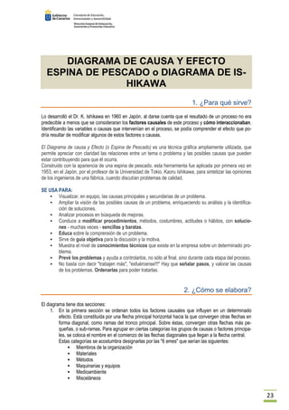 23 
DIAGRAMA DE CAUSA Y EFECTO 
ESPINA DE PESCADO o DIAGRAMA DE IS-HIKAWA 
1. ¿Para qué sirve? 
Lo desarrolló el Dr. K. Ishikawa en 1960 en Japón, al darse cuenta que el resultado de un proceso no era 
predecible a menos que se consideraran los factores causales de este proceso y cómo interaccionaban. 
Identificando las variables o causas que intervenían en el proceso, se podía comprender el efecto que po-dría 
resultar de modificar algunos de estos factores o causas. 
El Diagrama de causa y Efecto (o Espina de Pescado) es una técnica gráfica ampliamente utilizada, que 
permite apreciar con claridad las relaciones entre un tema o problema y las posibles causas que pueden 
estar contribuyendo para que él ocurra. 
Construido con la apariencia de una espina de pescado, esta herramienta fue aplicada por primera vez en 
1953, en el Japón, por el profesor de la Universidad de Tokio, Kaoru Ishikawa, para sintetizar las opiniones 
de los ingenieros de una fábrica, cuando discutían problemas de calidad. 
SE USA PARA: 
 Visualizar, en equipo, las causas principales y secundarias de un problema. 
 Ampliar la visión de las posibles causas de un problema, enriqueciendo su análisis y la identifica-ción 
de soluciones. 
 Analizar procesos en búsqueda de mejoras. 
 Conduce a modificar procedimientos, métodos, costumbres, actitudes o hábitos, con solucio-nes 
- muchas veces - sencillas y baratas. 
 Educa sobre la comprensión de un problema. 
 Sirve de guía objetiva para la discusión y la motiva. 
 Muestra el nivel de conocimientos técnicos que existe en la empresa sobre un determinado pro-blema. 
 Prevé los problemas y ayuda a controlarlos, no sólo al final, sino durante cada etapa del proceso. 
 No basta con decir trabajen más, esfuércense!!! Hay que señalar pasos, y valorar las causas 
de los problemas. Ordenarlas para poder tratarlas. 
2. ¿Cómo se elabora? 
El diagrama tiene dos secciones: 
1. En la primera sección se ordenan todos los factores causales que influyen en un determinado 
efecto. Está constituida por una flecha principal horizontal hacia la que convergen otras flechas en 
forma diagonal, como ramas del tronco principal. Sobre éstas, convergen otras flechas más pe-queñas, 
o sub-ramas. Para agrupar en ciertas categorías los grupos de causas o factores principa-les, 
se coloca el nombre en el comienzo de las flechas diagonales que llegan a la flecha central. 
Estas categorías se acostumbra designarlas por las 6 emes que serían las siguientes: 
 Miembros de la organización 
 Materiales 
 Métodos 
 Maquinarias y equipos 
 Medioambiente 
 Misceláneos 
 
