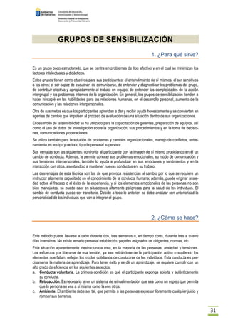 31 
GRUPOS DE SENSIBILIZACIÓN 
1. ¿Para qué sirve? 
Es un grupo poco estructurado, que se centra en problemas de tipo afectivo y en el cual se minimizan los 
factores intelectuales y didácticos. 
Estos grupos tienen como objetivos para sus participantes: el entendimiento de sí mismos, el ser sensitivos 
a los otros; el ser capaz de escuchar, de comunicarse, de entender y diagnosticar los problemas del grupo, 
de contribuir efectiva y apropiadamente al trabajo en equipo, de entender las complejidades de la acción 
intergrupal y los problemas internos de la organización. En general, los grupos de sensibilización tienden a 
hacer hincapié en las habilidades para las relaciones humanas, en el desarrollo personal, aumento de la 
comunicación y las relaciones interpersonales. 
Otra de sus metas es que los participantes aprendan a dar y recibir ayuda honestamente y se conviertan en 
agentes de cambio que impulsen al proceso de evaluación de una situación dentro de sus organizaciones. 
El desarrollo de la sensibilidad se ha utilizado para la capacitación de gerentes, preparación de equipos, así 
como el uso de datos de investigación sobre la organización, sus procedimientos y en la toma de decisio-nes, 
comunicaciones y operaciones. 
Se utiliza también para la solución de problemas y cambios organizacionales, manejo de conflictos, entre-namiento 
en equipo y de todo tipo de personal supervisor. 
Sus ventajas son las siguientes: confronta al participante con la imagen de sí mismo propiciando en él un 
cambio de conducta. Además, le permite conocer sus problemas emocionales, su modo de comunicación y 
sus tensiones interpersonales, también lo ayuda a profundizar en sus emociones y sentimientos y en la 
interacción con otros, asentándolo a mantener nuevas conductas en, su trabajo. 
Las desventajas de esta técnica son las de que provoca resistencias al cambio por lo que se requiere un 
instructor altamente capacitado en el conocimiento de la conducta humana; además, puede originar ansie-dad 
sobre el fracaso o el éxito de la experiencia, y si los elementos emocionales de las personas no son 
bien manejados, se puede caer en situaciones altamente peligrosas para la salud de los individuos. El 
cambio de conducta puede ser transitorio. Debido a todo lo anterior, se debe analizar con anterioridad la 
personalidad de los individuos que van a integrar el grupo. 
2. ¿Cómo se hace? 
Este método puede llevarse a cabo durante dos, tres semanas o, en tiempo corto, durante tres a cuatro 
días intensivos. No existe temario personal establecido, papeles asignados de dirigentes, normas, etc. 
Esta situación aparentemente inestructurada crea, en la mayoría de las personas, ansiedad y tensiones. 
Los esfuerzos por liberarse de esa tensión, ya sea retirándose de la participación activa o supliendo los 
elementos que faltan, reflejan los modos cotidianos de conducirse de los individuos. Esta conducta es pre-cisamente 
la materia de aprendizaje. Para tener éxito y se dé un aprendizaje, se requiere cumplir con un 
alto grado de eficiencia en los siguientes aspectos: 
a. Conducta voluntaria. La primera condición es qué el participante exponga abierta y auténticamente 
su conducta. 
b. Retroacción. Es necesario tener un sistema de retroalimentación que sea como un espejo que permita 
que la persona se vea a sí misma como la ven otros. 
c. Ambiente. El ambiente debe ser tal, que permita a las personas expresar libremente cualquier juicio y 
romper sus barreras. 
 