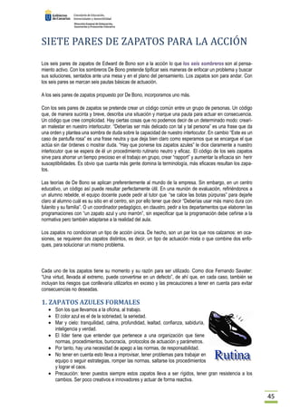 45 
SIETE PARES DE ZAPATOS PARA LA ACCIÓN 
Los seis pares de zapatos de Edward de Bono son a la acción lo que los seis sombreros son al pensa-miento 
activo. Con los sombreros De Bono pretende tipificar seis maneras de enfocar un problema y buscar 
sus soluciones, sentados ante una mesa y en el plano del pensamiento. Los zapatos son para andar. Con 
los seis pares se marcan seis pautas básicas de actuación. 
A los seis pares de zapatos propuesto por De Bono, incorporamos uno más. 
Con los seis pares de zapatos se pretende crear un código común entre un grupo de personas. Un código 
que, de manera sucinta y breve, describa una situación y marque una pauta para actuar en consecuencia. 
Un código que cree complicidad. Hay ciertas cosas que no podemos decir de un determinado modo: crearí-an 
malestar en nuestro interlocutor. “Deberías ser más delicado con tal y tal persona” es una frase que da 
una orden y plantea una sombra de duda sobre la capacidad de nuestro interlocutor. En cambio “Este es un 
caso de pantufla rosa” es una frase neutra y que deja bien claro como esperamos que se encargue el que 
actúa sin dar órdenes o mostrar duda. “Hay que ponerse los zapatos azules” le dice claramente a nuestro 
interlocutor que se espera de él un procedimiento rutinario neutro y eficaz. El código de los seis zapatos 
sirve para ahorrar un tiempo precioso en el trabajo en grupo, crear “rapport” y aumentar la eficacia sin herir 
susceptibilidades. Es obvio que cuanta más gente domina la terminología, más eficaces resultan los zapa-tos. 
Las teorías de De Bono se aplican preferentemente al mundo de la empresa. Sin embargo, en un centro 
educativo, un código así puede resultar perfectamente útil. En una reunión de evaluación, refiriéndonos a 
un alumno rebelde, el equipo docente puede pedir al tutor que “se calce las botas púrpuras” para dejarle 
claro al alumno cuál es su sitio en el centro, sin por ello tener que decir “Deberías usar más mano dura con 
fulanito y su familia”. O un coordinador pedagógico, en claustro, pedir a los departamentos que elaboren las 
programaciones con “un zapato azul y uno marrón”, sin especificar que la programación debe ceñirse a la 
normativa pero también adaptarse a la realidad del aula. 
Los zapatos no condicionan un tipo de acción única. De hecho, son un par los que nos calzamos: en oca-siones, 
se requieren dos zapatos distintos, es decir, un tipo de actuación mixta o que combine dos enfo-ques, 
para solucionar un mismo problema. 
Cada uno de los zapatos tiene su momento y su razón para ser utilizado. Como dice Fernando Savater: 
“Una virtud, llevada al extremo, puede convertirse en un defecto”, de ahí que, en cada caso, también se 
incluyan los riesgos que conllevaría utilizarlos en exceso y las precauciones a tener en cuenta para evitar 
consecuencias no deseadas. 
1. ZAPATOS AZULES FORMALES 
· Son los que llevamos a la oficina, al trabajo. 
· El color azul es el de la sobriedad, la seriedad. 
· Mar y cielo: tranquilidad, calma, profundidad, lealtad, confianza, sabiduría, 
inteligencia y verdad. 
· El líder tiene que entender que pertenece a una organización que tiene 
normas, procedimientos, burocracia, protocolos de actuación y parámetros. 
· Por tanto, hay una necesidad de apego a las normas, de responsabilidad. 
· No tener en cuenta esto lleva a improvisar, tener problemas para trabajar en 
equipo o seguir estrategias, romper las normas, saltarse los procedimientos 
y lograr el caos. 
· Precaución: tener puestos siempre estos zapatos lleva a ser rígidos, tener gran resistencia a los 
cambios. Ser poco creativos e innovadores y actuar de forma reactiva. 
 