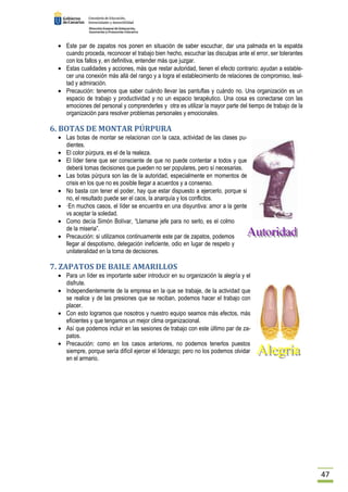 47 
· Este par de zapatos nos ponen en situación de saber escuchar, dar una palmada en la espalda 
cuando proceda, reconocer el trabajo bien hecho, escuchar las disculpas ante el error, ser tolerantes 
con los fallos y, en definitiva, entender más que juzgar. 
· Estas cualidades y acciones, más que restar autoridad, tienen el efecto contrario: ayudan a estable-cer 
una conexión más allá del rango y a logra el establecimiento de relaciones de compromiso, leal-tad 
y admiración. 
· Precaución: tenemos que saber cuándo llevar las pantuflas y cuándo no. Una organización es un 
espacio de trabajo y productividad y no un espacio terapéutico. Una cosa es conectarse con las 
emociones del personal y comprenderles y otra es utilizar la mayor parte del tiempo de trabajo de la 
organización para resolver problemas personales y emocionales. 
6. BOTAS DE MONTAR PÚRPURA 
· Las botas de montar se relacionan con la caza, actividad de las clases pu-dientes. 
· El color púrpura, es el de la realeza. 
· El líder tiene que ser consciente de que no puede contentar a todos y que 
deberá tomas decisiones que pueden no ser populares, pero sí necesarias. 
· Las botas púrpura son las de la autoridad, especialmente en momentos de 
crisis en los que no es posible llegar a acuerdos y a consenso. 
· No basta con tener el poder, hay que estar dispuesto a ejercerlo, porque si 
no, el resultado puede ser el caos, la anarquía y los conflictos. 
· —En muchos casos, el líder se encuentra en una disyuntiva: amor a la gente 
vs aceptar la soledad. 
· Como decía Simón Bolívar, “Llamarse jefe para no serlo, es el colmo 
de la miseria”. 
· Precaución: si utilizamos continuamente este par de zapatos, podemos 
llegar al despotismo, delegación ineficiente, odio en lugar de respeto y 
unilateralidad en la toma de decisiones. 
7. ZAPATOS DE BAILE AMARILLOS 
· Para un líder es importante saber introducir en su organización la alegría y el 
disfrute. 
· Independientemente de la empresa en la que se trabaje, de la actividad que 
se realice y de las presiones que se reciban, podemos hacer el trabajo con 
placer. 
· Con esto logramos que nosotros y nuestro equipo seamos más efectos, más 
eficientes y que tengamos un mejor clima organizacional. 
· Así que podemos incluir en las sesiones de trabajo con este último par de za-patos. 
· Precaución: como en los casos anteriores, no podemos tenerlos puestos 
siempre, porque sería difícil ejercer el liderazgo; pero no los podemos olvidar 
en el armario. 
 
