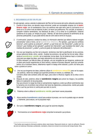 6 
5. Ejemplo de procesos completos 
1. DESARROLLO DE UN PLAN 
En este ejemplo, vamos a abordar la elaboración del Plan de Convivencia del centro utilizando esta técnica. 
1. Cuando el tema tiene una elevada carga emocional, puede ser aconsejable empezar por el som-brero 
rojo: con él manifestamos cómo nos sentimos ante este tema (ante la convivencia en el 
centro en sí y/o ante el reto de elaborar el plan), sin tener que justificarnos. Por una lado, al expresar y 
compartir nuestros sentimientos, nos liberamos de ellos y, al no entrar en la justificación, evitamos 
quedarnos en la queja y la “terapia de grupo”. Además, de esta forma pulsamos el sentimiento de las 
personas participantes, lo que puede darnos idea de cómo está el ánimo en el grupo. 
2. A continuación, pasamos a analizar los datos y la información obtenida (que debería haberse recogido 
previamente)1 sobre el tema, con el sombrero blanco. Por ejemplo: ¿qué tipos de conflictos 
tenemos? ¿entre quiénes se producen? ¿dónde? ¿a qué horas son más frecuentes? ¿cuáles son los 
motivos? ¿qué medidas se han aplicado? ¿quiénes han intervenido? ¿qué resultados han dado? ¿hay 
medidas de prevención? ¿cuáles? ¿cuál es el grado de implicación del profesorado?... 
3. Una vez que tengamos una foto de la situación, tendremos más fácil la planificación de las acciones, 
porque sabremos dónde, cómo, cuándo…focalizar las acciones y de qué tipo han de ser estas. Utiliza-remos 
el sombrero verde, de la creatividad, de las ideas. Con él podemos hacer un brainstor-ming 
para que salgan las ideas, que luego valoraremos con otros sombreros. 
Si fuera necesario, por falta de ideas, por ejemplo, una vez recogidas las que tengamos, podemos dar 
un plazo para buscar experiencias en otros centros y retomar el proceso después. Igual que comentá-bamos 
con el sombrero blanco, deberíamos repartir el trabajo entre todos/as y poner una fecha para 
volver a ponerlo en común. 
4. Una vez que tengamos las ideas, podemos utilizar el sombrero amarillo para ver los aspec-tos 
positivos, valorar las ventajas que supondrá ponerlas en marcha, su viabilidad, etc. 
Conviene utilizar este sombrero antes del negro, para evitar la influencia negativa de la crítica o de la 
cautela. 
5. Después de este, podemos utilizar el sombrero negro para prever los riesgos y los posibles 
fallos en la aplicación de las propuestas. 
Hay que procurar no cargar las tintas en pensamientos negativos y evitar que afloren sentimientos (eso 
lo hacíamos con el sombrero rojo) enfocar más hacia las objeciones y precauciones, viendo qué puede 
fallar o qué hay que tener en cuenta para que esto no ocurra. 
6. Podemos volver a utilizar el sombrero verde, para hacer nuevas propuestas. 
7. Ahora vendría el sombrero azul para analizar el proceso, ver si se ha quedado algo sin atender 
y, finalmente, para evaluar y ver la propuesta mejor. 
8. De nuevo el sombrero negro, para juzgar las opciones elegidas. 
9. Terminaremos con el sombrero rojo comprobar la sensación que produce. 
1 Para facilitar esta recogida de información podemos utilizar varias fuentes: Observación directa con matriz de verificación, Revisión 
del Libro de incidencias, Entrevistas a profesorado, orientador/a, Actas de la comisión de convivencia del Consejo Escolar, Otras 
 