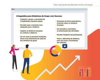 Tudo o que precisas de saber para motivar a tua equipa
21
8 Sugestões para Dinâmicas de Grupo com Sucesso
× Dinamizar de forma participativa,
incluindo todos os membros
do grupo
× Ser animado e carismático
na dinamização das atividades
× Recolher feedback dos participantes
× Fazer o debriefing da dinâmica,
para uma maior consolidação
das reflexões
× Conhecer o grupo, o seu potencial
e fragilidades enquanto equipa
× Perceber qual o momento mais
adequado para a dinâmica
× Adaptar as dinâmicas de grupo
ao contexto e objetivos
× Ter em conta as possíveis limitações
físicas e/ou emocionais de cada um
dos membros do grupo
 