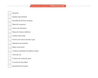 Esquema para o Exercício “PERDIDOS NO MAR”
Sextante
Espelho para barbear
Garrafão de 20 litros de água
Rede de mosquitos
Caixa com alimentos
Mapa do Oceano Atlântico
Coletes salva-vidas
10 litros de mistura de óleo e gás
Repelente de tubarões
Rádio transmissor
2 metros quadrados de plástico opaco
1 litro de rum
5 metros de corda de nylon
2 caixas de chocolates
Equipamento de pesca
 