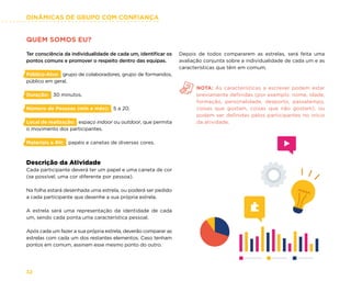 DINÂMICAS DE GRUPO COM CONFIANÇA
32
QUEM SOMOS EU?
Ter consciência da individualidade de cada um, identificar os
pontos comuns e promover o respeito dentro das equipas.
Público-Alvo: grupo de colaboradores, grupo de formandos,
público em geral.
Duração: 30 minutos.
Número de Pessoas (min e máx): 5 a 20.
Local de realização: espaço indoor ou outdoor, que permita
o movimento dos participantes.
Materiais e RH: papéis e canetas de diversas cores.
Descrição da Atividade
Cada participante deverá ter um papel e uma caneta de cor
(se possível, uma cor diferente por pessoa).
Na folha estará desenhada uma estrela, ou poderá ser pedido
a cada participante que desenhe a sua própria estrela.
A estrela será uma representação da identidade de cada
um, sendo cada ponta uma característica pessoal.
Após cada um fazer a sua própria estrela, deverão comparar as
estrelas com cada um dos restantes elementos. Caso tenham
pontos em comum, assinam esse mesmo ponto do outro.
Depois de todos compararem as estrelas, será feita uma
avaliação conjunta sobre a individualidade de cada um e as
características que têm em comum.
NOTA: As características a escrever podem estar
previamente definidas (por exemplo: nome, idade,
formação, personalidade, desporto, passatempo,
coisas que gostam, coisas que não gostam), ou
podem ser definidas pelos participantes no início
da atividade.
 