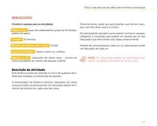 Tudo o que precisas de saber para motivar a tua equipa
35
REBUÇADOS
Constituir equipas para as atividades.
Público-Alvo: grupo de colaboradores, grupo de formandos,
público em geral.
Duração: 10 minutos.
Número de Pessoas (min e máx): 10-100.
Local de realização: espaço indoor ou outdoor.
Materiais e RH: rebuçados de várias cores – número de
cores equivalente ao número de equipas a definir
Descrição da Atividade
Esta dinâmica pode ser utilizada no início de qualquer ativi-
dade que implique a constituição de equipas.
O dinamizador da dinâmica distribui rebuçados de várias
cores por todos os participantes. Os rebuçados devem ter o
mesmo de número em cada uma das cores.
Posteriormente, pede aos participantes que formem equi-
pas, sem lhes dizer qual é o critério.
Os participantes decidem como querem constituir equipas,
chegando à conclusão que poderá ser através da cor dos
rebuçados que lhes tinham sido dados anteriormente.
Poderá ser uma equipa por cada cor ou cada equipa conter
um rebuçado de cada cor.
NOTA: Os rebuçados podem ser substituídos por
balões ou pedaços de papel de várias cores.
 