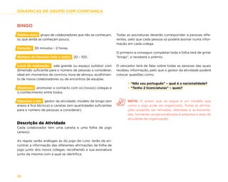 DINÂMICAS DE GRUPO COM CONFIANÇA
38
BINGO
Público-Alvo: grupo de colaboradores que não se conheçam,
ou que ainda se conheçam pouco.
Duração: 30 minutos - 2 horas.
Número de Pessoas (min e máx): 20 - 100.
Local de realização: sala grande ou espaço outdoor com
dimensão suficiente para o número de pessoas a considerar;
ideal em momentos de convívio, hora de almoço, acolhimen-
to de novos colaboradores ou de encontros de equipas.
Objetivos: promover o contacto com os (novos) colegas e
o conhecimento entre todos.
Materiais e RH: gestor da atividade; modelo de bingo (em
anexo à fica técnica) e canetas (em quantidades suficientes
para o número de pessoas a considerar).
Descrição da Atividade
Cada colaborador tem uma caneta e uma folha de jogo
(anexo).
As regras serão análogas às do jogo do Loto: terão de en-
contrar a informação das diferentes afirmações da folha de
jogo junto dos novos colegas, recolhendo a sua assinatura
junto da mesma com a qual se identifica.
Todas as assinaturas deverão corresponder a pessoas dife-
rentes, pelo que cada pessoa só poderá assinar numa infor-
mação em cada colega.
O primeiro a conseguir completar toda a folha terá de gritar
“bingo”, e receberá o prémio.
O vencedor terá de falar sobre todas as pessoas das quais
recebeu informação, pelo que o gestor da atividade poderá
colocar questões como:
× “Não sou português” – qual é a nacionalidade?
× “Tenho 2 licenciaturas” – quais?
NOTA: O anexo que se segue é um modelo que
como o jogo pode ser organizado. Todas as afirma-
ções poderão ser retiradas, alteradas e acrescenta-
das, tornando-se personalizada à empresa e área de
atividade da organização.
 