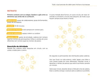Tudo o que precisas de saber para motivar a tua equipa
43
RETRATO
Primeiro contacto com os colegas. Quebrar o gelo entre os
elementos que ainda não se conhecem.
Público-Alvo: grupo de colaboradores; grupo de formandos;
grupo de animadores.
Duração: 15-30 minutos.
Número de Pessoas: 6-20 (sempre em número par).
Local de realização: espaço indoor ou outdoor.
Materiais e RH: gestor de atividade, cadeiras (em número
igual ao número de participantes); folhas e canetas de cores
diferentes (em número igual ao número de pares).
Descrição da Atividade
Metade das cadeiras serão dispostas em círculo, com as
costas viradas para o centro.
A outra metade deve formar um outro círculo, de maior di-
mensão e a envolver o círculo mais pequeno, de modo a que
fiquem sempre duas frente a frente.
De seguida os participantes são distribuídos pelas cadeiras.
Aos que ficam na roda exterior, serão dadas uma folha e
uma caneta (todas de cores diferentes). Deverão iniciar a
desenhar o retrato da pessoa que está à sua frente, durante
um minuto.
Após esse minuto, deverão deixar a folha em cima da cadeira,
levar a caneta consigo e avançar para a cadeira à sua direita.
 