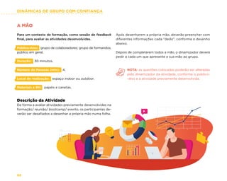 DINÂMICAS DE GRUPO COM CONFIANÇA
68
Após desenharem a própria mão, deverão preencher com
diferentes informações cada “dedo”, conforme o desenho
abaixo.
Depois de completarem todos a mão, o dinamizador deverá
pedir a cada um que apresente a sua mão ao grupo.
NOTA: as questões colocadas poderão ser alteradas
pelo dinamizador da atividade, conforme o público-
-alvo e a atividade previamente desenvolvida.
A MÃO
Para um contexto de formação, como sessão de feedback
final, para avaliar as atividades desenvolvidas.
Público-Alvo: grupo de colaboradores; grupo de formandos;
público em geral.
Duração: 30 minutos.
Número de Pessoas (min): 4.
Local de realização: espaço indoor ou outdoor.
Materiais e RH: papéis e canetas.
Descrição da Atividade
De forma a avaliar atividades previamente desenvolvidas na
formação/ reunião/ bootcamp/ evento, os participantes de-
verão ser desafiados a desenhar a própria mão numa folha.
 