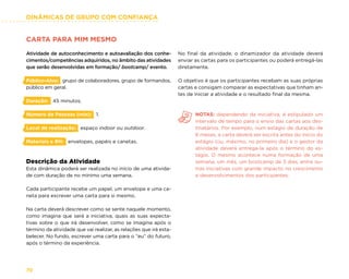 DINÂMICAS DE GRUPO COM CONFIANÇA
70
No final da atividade, o dinamizador da atividade deverá
enviar as cartas para os participantes ou poderá entregá-las
diretamente.
O objetivo é que os participantes recebam as suas próprias
cartas e consigam comparar as expectativas que tinham an-
tes de iniciar a atividade e o resultado final da mesma.
NOTAS: dependendo da iniciativa, é estipulado um
intervalo de tempo para o envio das cartas aos des-
tinatários. Por exemplo, num estágio de duração de
6 meses, a carta deverá ser escrita antes do início do
estágio (ou, máximo, no primeiro dia) e o gestor da
atividade deverá entrega-la após o término do es-
tágio. O mesmo acontece numa formação de uma
semana, um mês, um bootcamp de 3 dias, entre ou-
tras iniciativas com grande impacto no crescimento
e desenvolvimentos dos participantes.
CARTA PARA MIM MESMO
Atividade de autoconhecimento e autoavaliação dos conhe-
cimentos/competências adquiridos, no âmbito das atividades
que serão desenvolvidas em formação/ bootcamp/ evento.
Público-Alvo: grupo de colaboradores, grupo de formandos,
público em geral.
Duração: 45 minutos.
Número de Pessoas (min): 1.
Local de realização: espaço indoor ou outdoor.
Materiais e RH: envelopes, papéis e canetas.
Descrição da Atividade
Esta dinâmica poderá ser realizada no início de uma ativida-
de com duração de no mínimo uma semana.
Cada participante recebe um papel, um envelope e uma ca-
neta para escrever uma carta para si mesmo.
Na carta deverá descrever como se sente naquele momento,
como imagina que será a iniciativa, quais as suas expecta-
tivas sobre o que irá desenvolver, como se imagina após o
término da atividade que vai realizar, as relações que irá esta-
belecer. No fundo, escrever uma carta para o “eu” do futuro,
após o término da experiência.
 
