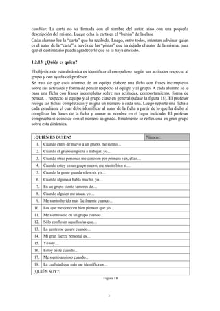 cambiar. La carta no va firmada con el nombre del autor, sino con una pequeña
descripción del mismo. Luego echa la carta en el “buzón” de la clase
Cada alumno lee la “carta” que ha recibido. Luego, entre todos, intentan adivinar quien
es el autor de la “carta” a través de las “pistas” que ha dejado el autor de la misma, para
que el destinatario pueda agradecerle que se la haya enviado.

1.2.13 ¿Quién es quien?

El objetivo de esta dinámica es identificar al compañero según sus actitudes respecto al
grupo y con ayuda del profesor.
Se trata de que cada alumno de un equipo elabore una ficha con frases incompletas
sobre sus actitudes y forma de pensar respecto al equipo y al grupo. A cada alumno se le
pasa una ficha con frases incompletas sobre sus actitudes, comportamiento, forma de
pensar… respecto al equipo y al grupo clase en general (véase la figura 18). El profesor
recoge las fichas completadas y asigna un número a cada una. Luego reparte una ficha a
cada estudiante el cual debe identificar al autor de la ficha a partir de lo que ha dicho al
completar las frases de la ficha y anotar su nombre en el lugar indicado. El profesor
comprueba si coincide con el número asignado. Finalmente se reflexiona en gran grupo
sobre esta dinámica.


 ¿QUIÉN ES QUIEN?                                                  Número:
  1. Cuando entro de nuevo a un grupo, me siento…
  2. Cuando el grupo empieza a trabajar, yo…
  3. Cuando otras personas me conocen por primera vez, ellas…
  4. Cuando estoy en un grupo nuevo, me siento bien si…
  5. Cuando la gente guarda silencio, yo…
  6. Cuando alguno/a habla mucho, yo…
  7. En un grupo siento temores de…
  8. Cuando alguien me ataca, yo…
  9. Me siento herido más fácilmente cuando…
 10. Los que me conocen bien piensan que yo…
 11. Me siento solo en un grupo cuando…
 12. Sólo confío en aquellos/as que…
 13. La gente me quiere cuando…
 14. Mi gran fuerza personal es…
 15. Yo soy…
 16. Estoy triste cuando…
 17. Me siento ansioso cuando…
 18. La cualidad que más me identifica es…
 ¿QUIÉN SOY?:
                                          Figura 18



                                             21
 