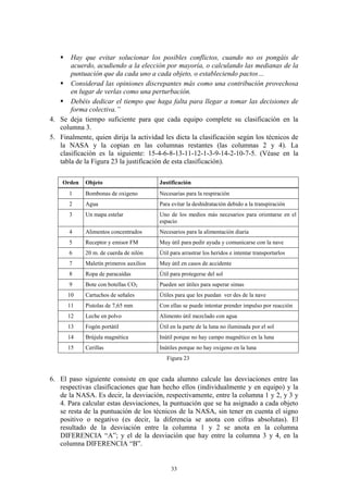    Hay que evitar solucionar los posibles conflictos, cuando no os pongáis de
       acuerdo, acudiendo a la elección por mayoría, o calculando las medianas de la
       puntuación que da cada uno a cada objeto, o estableciendo pactos…
    Considerad las opiniones discrepantes más como una contribución provechosa
       en lugar de verlas como una perturbación.
    Debéis dedicar el tiempo que haga falta para llegar a tomar las decisiones de
       forma colectiva.”
4. Se deja tiempo suficiente para que cada equipo complete su clasificación en la
   columna 3.
5. Finalmente, quien dirija la actividad les dicta la clasificación según los técnicos de
   la NASA y la copian en las columnas restantes (las columnas 2 y 4). La
   clasificación es la siguiente: 15-4-6-8-13-11-12-1-3-9-14-2-10-7-5. (Véase en la
   tabla de la Figura 23 la justificación de esta clasificación).

    Orden   Objeto                      Justificación
       1    Bombonas de oxigeno         Necesarias para la respiración
       2    Agua                        Para evitar la deshidratación debido a la transpiración
       3    Un mapa estelar             Uno de los medios más necesarios para orientarse en el
                                        espacio
       4    Alimentos concentrados      Necesarios para la alimentación diaria
       5    Receptor y emisor FM        Muy útil para pedir ayuda y comunicarse con la nave
       6    20 m. de cuerda de nilón    Útil para arrastrar los heridos e intentar transportarlos
       7    Maletín primeros auxilios   Muy útil en casos de accidente
       8    Ropa de paracaídas          Útil para protegerse del sol
       9    Bote con botellas CO2       Pueden ser útiles para superar simas
       10   Cartuchos de señales        Útiles para que les puedan ver des de la nave
       11   Pistolas de 7,65 mm         Con ellas se puede intentar prender impulso por reacción
       12   Leche en polvo              Alimento útil mezclado con agua
       13   Fogón portátil              Útil en la parte de la luna no iluminada por el sol
       14   Brújula magnética           Inútil porque no hay campo magnético en la luna
       15   Cerillas                    Inútiles porque no hay oxigeno en la luna
                                           Figura 23


6. El paso siguiente consiste en que cada alumno calcule las desviaciones entre las
   respectivas clasificaciones que han hecho ellos (individualmente y en equipo) y la
   de la NASA. Es decir, la desviación, respectivamente, entre la columna 1 y 2, y 3 y
   4. Para calcular estas desviaciones, la puntuación que se ha asignado a cada objeto
   se resta de la puntuación de los técnicos de la NASA, sin tener en cuenta el signo
   positivo o negativo (es decir, la diferencia se anota con cifras absolutas). El
   resultado de la desviación entre la columna 1 y 2 se anota en la columna
   DIFERENCIA “A”; y el de la desviación que hay entre la columna 3 y 4, en la
   columna DIFERENCIA “B”.


                                             33
 