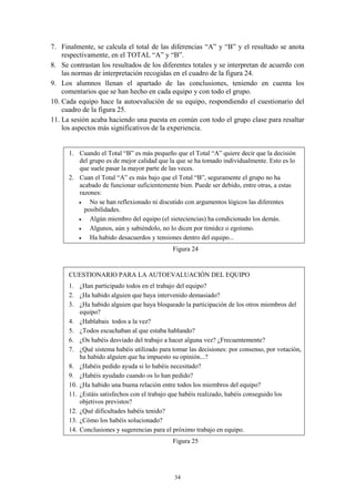 7. Finalmente, se calcula el total de las diferencias “A” y “B” y el resultado se anota
    respectivamente, en el TOTAL “A” y “B”.
8. Se contrastan los resultados de los diferentes totales y se interpretan de acuerdo con
    las normas de interpretación recogidas en el cuadro de la figura 24.
9. Los alumnos llenan el apartado de las conclusiones, teniendo en cuenta los
    comentarios que se han hecho en cada equipo y con todo el grupo.
10. Cada equipo hace la autoevalución de su equipo, respondiendo el cuestionario del
    cuadro de la figura 25.
11. La sesión acaba haciendo una puesta en común con todo el grupo clase para resaltar
    los aspectos más significativos de la experiencia.


      1. Cuando el Total “B” es más pequeño que el Total “A” quiere decir que la decisión
         del grupo es de mejor calidad que la que se ha tomado individualmente. Esto es lo
         que suele pasar la mayor parte de las veces.
      2. Cuan el Total “A” es más bajo que el Total “B”, seguramente el grupo no ha
         acabado de funcionar suficientemente bien. Puede ser debido, entre otras, a estas
         razones:
            No se han reflexionado ni discutido con argumentos lógicos las diferentes
           posibilidades.
            Algún miembro del equipo (el sieteciencias) ha condicionado los demás.
            Algunos, aún y sabiéndolo, no lo dicen por timidez o egoísmo.
            Ha habido desacuerdos y tensiones dentro del equipo...
                                            Figura 24


      CUESTIONARIO PARA LA AUTOEVALUACIÓN DEL EQUIPO
      1. ¿Han participado todos en el trabajo del equipo?
      2. ¿Ha habido alguien que haya intervenido demasiado?
      3. ¿Ha habido alguien que haya bloqueado la participación de los otros miembros del
          equipo?
      4. ¿Hablabais todos a la vez?
      5. ¿Todos escuchaban al que estaba hablando?
      6. ¿Os habéis desviado del trabajo a hacer alguna vez? ¿Frecuentemente?
      7. ¿Qué sistema habéis utilizado para tomar las decisiones: por consenso, por votación,
          ha habido alguien que ha impuesto su opinión...?
      8. ¿Habéis pedido ayuda si lo habéis necesitado?
      9. ¿Habéis ayudado cuando os lo han pedido?
      10. ¿Ha habido una buena relación entre todos los miembros del equipo?
      11. ¿Estáis satisfechos con el trabajo que habéis realizado, habéis conseguido los
          objetivos previstos?
      12. ¿Qué dificultades habéis tenido?
      13. ¿Cómo los habéis solucionado?
      14. Conclusiones y sugerencias para el próximo trabajo en equipo.
                                            Figura 25




                                             34
 