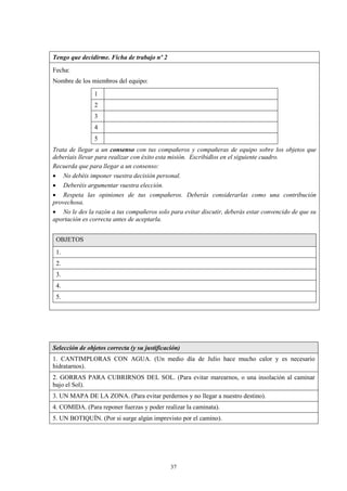 Tengo que decidirme. Ficha de trabajo nº 2
Fecha:
Nombre de los miembros del equipo:

                1
                2
                3
                4
                5
Trata de llegar a un consenso con tus compañeros y compañeras de equipo sobre los objetos que
deberíais llevar para realizar con éxito esta misión. Escribidlos en el siguiente cuadro.
Recuerda que para llegar a un consenso:
 No debéis imponer vuestra decisión personal.
 Deberéis argumentar vuestra elección.
 Respeta las opiniones de tus compañeros. Deberás considerarlas como una contribución
provechosa.
 No le des la razón a tus compañeros solo para evitar discutir, deberás estar convencido de que su
aportación es correcta antes de aceptarla.


 OBJETOS
 1.
 2.
 3.
 4.
 5.




Selección de objetos correcta (y su justificación)
1. CANTIMPLORAS CON AGUA. (Un medio día de Julio hace mucho calor y es necesario
hidratarnos).
2. GORRAS PARA CUBRIRNOS DEL SOL. (Para evitar marearnos, o una insolación al caminar
bajo el Sol).
3. UN MAPA DE LA ZONA. (Para evitar perdernos y no llegar a nuestro destino).
4. COMIDA. (Para reponer fuerzas y poder realizar la caminata).
5. UN BOTIQUÍN. (Por si surge algún imprevisto por el camino).




                                              37
 