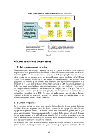 CLASE ESTRUCTURADA DE FORMA COOPERATIVA (Equipos homogéneos)




                 Distribución más
            adecuada para practicar
              algo ya aprendido, al
               nivel con que se ha
             aprendido, o bien para
             profundizar más, con
                algunos alumnos,
             algunos contenidos, o
            para reforzar más otros
             contenidos, con otros
                     alumnos




            Puntales de la acción docente:              Ventajas:
            •   Interacción profesorado/alumnado +      Con la utilización de una estructura determinada
                interacción alumno-alumno               (p.e.: Lápices al Centro) es más factible conseguir
                                                        la participación equitativa de todo el alumnado.
            •   Trabajo individual del alumnado +
                Trabajo en equipo                       Es más factible la atención a la diversidad


                                                     Figura 31




Algunas estructuras cooperativas

   2.1.Estructuras cooperativas básicas
Las denominamos estructuras cooperativas básicas porqué se trata de estructuras que
se pueden utilizar para distintas finalidades en los diferentes momentos de una Unidad
Didáctica (UD): pueden servir, antes de iniciar una UD, por ejemplo, para conocer las
ideas previas de los alumnos sobre los contenidos que vamos a trabajar en la UD que
pronto empezaremos; al inicio de la UD, pueden ser útiles para saber, por ejemplo, hasta
qué punto los alumnos y las alumnas han entendido una explicación del profesor o la
profesora o el vídeo que les hemos proyectado; durante la UD, en cambio, pueden ser
útiles para hacer las actividades programadas para que los y las estudiantes “practiquen”
las competencias relacionadas con los contenidos trabajados en la UD; y al final de la
UD, pueden servirnos para hacer, por ejemplo, una recapitulación o síntesis de los
contenidos trabajados en la UD. Por esto, en cada una de las estructuras básicas
descritas se indica en una tabla, a modo de ejemplo, para qué podría servir en los
distintos momentos de una Unidad Didáctica.

2.1.1.Lectura compartida
En el momento de leer un texto –por ejemplo, la introducción de una unidad didáctica
del libro de texto– se puede hacer de forma compartida, en equipo. Un miembro del
equipo lee el primer párrafo. Los demás deben estar muy atentos, puesto que el que
viene a continuación (siguiendo, por ejemplo, el sentido de las agujas del reloj), después
de que su compañero haya leído el primer párrafo, deberá explicar lo que éste acaba de
leer, o deberá hacer un resumen, y los otros dos deben decir si es correcto o no, si están
o no de acuerdo con lo que ha dicho el segundo.
El estudiante que viene a continuación (el segundo) –el que ha hecho el resumen del
primer párrafo– leerá seguidamente el segundo párrafo, y el siguiente (el tercero) deberá


                                                        43
 