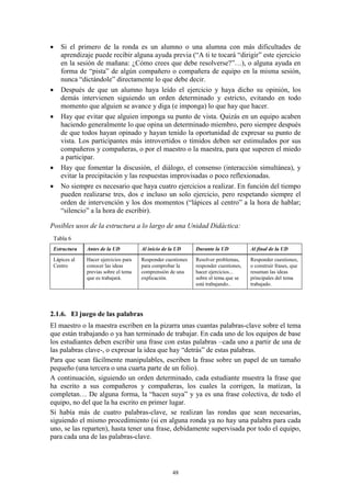    Si el primero de la ronda es un alumno o una alumna con más dificultades de
    aprendizaje puede recibir alguna ayuda previa (“A ti te tocará “dirigir” este ejercicio
    en la sesión de mañana: ¿Cómo crees que debe resolverse?”…), o alguna ayuda en
    forma de “pista” de algún compañero o compañera de equipo en la misma sesión,
    nunca “dictándole” directamente lo que debe decir.
   Después de que un alumno haya leído el ejercicio y haya dicho su opinión, los
    demás intervienen siguiendo un orden determinado y estricto, evitando en todo
    momento que alguien se avance y diga (e imponga) lo que hay que hacer.
   Hay que evitar que alguien imponga su punto de vista. Quizás en un equipo acaben
    haciendo generalmente lo que opina un determinado miembro, pero siempre después
    de que todos hayan opinado y hayan tenido la oportunidad de expresar su punto de
    vista. Los participantes más introvertidos o tímidos deben ser estimulados por sus
    compañeros y compañeras, o por el maestro o la maestra, para que superen el miedo
    a participar.
   Hay que fomentar la discusión, el diálogo, el consenso (interacción simultánea), y
    evitar la precipitación y las respuestas improvisadas o poco reflexionadas.
   No siempre es necesario que haya cuatro ejercicios a realizar. En función del tiempo
    pueden realizarse tres, dos e incluso un solo ejercicio, pero respetando siempre el
    orden de intervención y los dos momentos (“lápices al centro” a la hora de hablar;
    “silencio” a la hora de escribir).

Posibles usos de la estructura a lo largo de una Unidad Didáctica:
 Tabla 6
 Estructura   Antes de la UD          Al inicio de la UD     Durante la UD           Al final de la UD

 Lápices al   Hacer ejercicios para   Responder cuestiones   Resolver problemas,     Responder cuestiones,
 Centro       conocer las ideas       para comprobar la      responder cuestiones,   o construir frases, que
              previas sobre el tema   comprensión de una     hacer ejercicios...     resuman las ideas
              que es trabajará.       explicación.           sobre el tema que se    principales del tema
                                                             está trabajando..       trabajado.




2.1.6. El juego de las palabras
El maestro o la maestra escriben en la pizarra unas cuantas palabras-clave sobre el tema
que están trabajando o ya han terminado de trabajar. En cada uno de los equipos de base
los estudiantes deben escribir una frase con estas palabras –cada uno a partir de una de
las palabras clave-, o expresar la idea que hay “detrás” de estas palabras.
Para que sean fácilmente manipulables, escriben la frase sobre un papel de un tamaño
pequeño (una tercera o una cuarta parte de un folio).
A continuación, siguiendo un orden determinado, cada estudiante muestra la frase que
ha escrito a sus compañeros y compañeras, los cuales la corrigen, la matizan, la
completan… De alguna forma, la “hacen suya” y ya es una frase colectiva, de todo el
equipo, no del que la ha escrito en primer lugar.
Si había más de cuatro palabras-clave, se realizan las rondas que sean necesarias,
siguiendo el mismo procedimiento (si en alguna ronda ya no hay una palabra para cada
uno, se las reparten), hasta tener una frase, debidamente supervisada por todo el equipo,
para cada una de las palabras-clave.




                                                    48
 