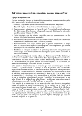 Estructuras cooperativas complejas ( técnicas cooperativas)

Equipos de Ayuda Mutua
En estos equipos los alumnos se responsabilizan de ayudarse unos a otros a alcanzar los
objetivos personales de cada miembro del equipo:
La secuencia a seguir en la aplicación de esta estructura puede ser la siguiente:
1. Se divide el grupo clase en un determinado número de Equipos de Base.
2. Se concreta para cada alumno su Plan de Trabajo Personalizado, en el cual consten
    los objetivos que debe alcanzar a lo largo de la secuencia didáctica y las actividades
    que debe realizar (Figuras 32 y 33).
3. Todos trabajan sobre los mismos contenidos, pero no necesariamente con los
    mismos objetivos ni las mismas actividades.
4. Cada alumno se responsabiliza de llevar a cabo su Plan de Trabajo y se compromete
    a ayudar a sus compañeros a llevar a cabo el suyo propio.
5. Simultáneamente, cada equipo elabora -para un periodo determinado- su propio
    Plan de Equipo, con los objetivos que se proponen y los compromisos que contraen
    para mejorar su funcionamiento como equipo.
6. Si además de conseguir los objetivos de aprendizaje personales, consiguen mejorar
    como equipo, cada alumno obtiene una “recompensa” (unos puntos adicionales en
    su calificación final).
La plantilla de la Figura 32 permite indicar los objetivos de la Unidad Didáctica, y
priorizar o indicar cuáles son los fundamentales. Para algunos profesores estos objetivos
fundamentales indican el mínimo que los alumnos deben saber y saber hacer al final de
la Unidad Didáctica para poder aprobar. Los demás objetivos, si los alcanzan, les
permitirán obtener mejor calificación (notable, excelente).
Estos objetivos fundamentales no es necesario que sean los mismos para todos los
alumnos. La personalización se consigue a base de priorizar unos determinados
objetivos en detrimento de otros, o redactando objetivos específicos para algún alumno
determinado. En las columnas de la derecha el alumno hace una autoevaluación al inicio
de la Unidad Didáctica con una clave numérica (0 = No lo sé; 1 = Lo sé un poco; 2 = Lo
sé bastante bien; 3 = Lo sé muy bien), y otra al final de la Unidad Didáctica. Sumando
lo que ha indicado a cada objetivo le permite “cuantificar” de alguna manera lo que
sabía al inicio de la unidad, lo que sabe al final, y la diferencia entre ambas sumas le
indica de alguna manera la “cantidad” de lo que ha aprendido.
En la plantilla de la misma figura 32, en la parte inferior, cada alujmno o alumna hace
constar el nombre de todos los componentes de su equipo, con el “total” de la
autoevaluación inicial de cada uno, y el “total” del equipo. Al final de la UD, hacen
constar el “total” conseguido por cada miembro del equipo en la autoevaluación final, y
el “total” de todo el equipo. De esta manera, pueden visualizar claramente el progreso
con seguido por cada estudiante y por todo el equipo, y así poder constatar hasta qué
punto –y en qué grado- han conseguido el primer objetivo del equipo: que todos sus
miembros progresen en su aprendizaje.




                                           59
 