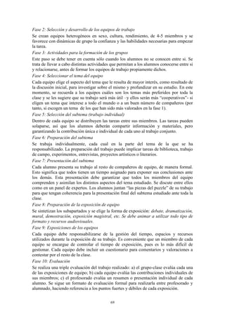 Fase 2: Selección y desarrollo de los equipos de trabajo
Se crean equipos heterogéneos en sexo, cultura, rendimiento, de 4-5 miembros y se
favorece con dinámicas de grupo la confianza y las habilidades necesarias para empezar
la tarea.
Fase 3: Actividades para la formación de los grupos
Este paso se debe tener en cuenta sólo cuando los alumnos no se conocen entre si. Se
trata de llevar a cabo distintas actividades que permitan a los alumnos conocerse entre si
y relacionarse, antes de formar los equipos de trabajo propiamente dichos.
Fase 4: Seleccionar el tema del equipo
Cada equipo elige el aspecto del tema que le resulta de mayor interés, como resultado de
la discusión inicial, para investigar sobre el mismo y profundizar en su estudio. En este
momento, se recuerda a los equipos cuáles son los temas más preferidos por toda la
clase y se les sugiere que su trabajo será más útil –y ellos serán más “cooperativos”- si
eligen un tema que interese a todo el mundo o a un buen número de compañeros (por
tanto, si escogen un tema de los que han sido más valorados en la fase 1).
Fase 5: Selección del subtema (trabajo individual)
Dentro de cada equipo se distribuyen las tareas entre sus miembros. Las tareas pueden
solaparse, así que los alumnos deberán compartir información y materiales, pero
garantizando la contribución única e individual de cada uno al trabajo conjunto.
Fase 6: Preparación del subtema
Se trabaja individualmente, cada cual en la parte del tema de la que se ha
responsabilizado. La preparación del trabajo puede implicar tareas de biblioteca, trabajo
de campo, experimentos, entrevistas, proyectos artísticos o literarios.
Fase 7: Presentación del subtema
Cada alumno presenta su trabajo al resto de compañeros de equipo, de manera formal.
Esto significa que todos tienen un tiempo asignado para exponer sus conclusiones ante
los demás. Esta presentación debe garantizar que todos los miembros del equipo
comprenden y asimilan los distintos aspectos del tema estudiado. Se discute entre ellos
como en un panel de expertos. Los alumnos juntan “las piezas del puzzle” de su trabajo
para que tengan coherencia para la presentación final del subtema estudiado ante toda la
clase.
Fase 8: Preparación de la exposición de equipo
Se sintetizan los subapartados y se elige la forma de exposición: debate, dramatización,
mural, demostración, exposición magistral, etc. Se debe animar a utilizar todo tipo de
formato y recursos audiovisuales.
Fase 9: Exposiciones de los equipos
Cada equipo debe responsabilizarse de la gestión del tiempo, espacios y recursos
utilizados durante la exposición de su trabajo. Es conveniente que un miembro de cada
equipo se encargue de controlar el tiempo de exposición, pues es lo más difícil de
gestionar. Cada equipo debe incluir un cuestionario para comentarios y valoraciones a
contestar por el resto de la clase.
Fase 10: Evaluación
Se realiza una triple evaluación del trabajo realizado: a) el grupo-clase evalúa cada una
de las exposiciones de equipo; b) cada equipo evalúa las contribuciones individuales de
sus miembros; c) el profesorado evalúa un resumen o presentación individual de cada
alumno. Se sigue un formato de evaluación formal para realizarla entre profesorado y
alumnado, haciendo referencia a los puntos fuertes y débiles de cada exposición.


                                           69
 