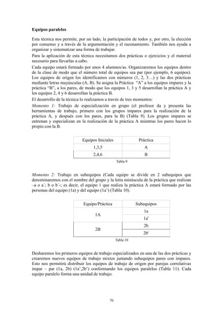 Equipos paralelos

Esta técnica nos permite, por un lado, la participación de todos y, por otro, la elección
por consenso y a través de la argumentación y el razonamiento. También nos ayuda a
organizar y sistematizar una forma de trabajar.
Para la aplicación de esta técnica necesitamos dos prácticas o ejercicios y el material
necesario para llevarlas a cabo.
Cada equipo estará formado por unos 4 alumnos/as. Organizaremos los equipos dentro
de la clase de modo que el número total de equipos sea par (por ejemplo, 6 equipos).
Los equipos de origen los identificamos con números (1, 2, 3…) y las dos prácticas
mediante letras mayúsculas (A, B). Se asigna la Práctica “A” a los equipos impares y la
práctica “B”, a los pares, de modo que los equipos 1, 3 y 5 desarrollan la práctica A y
los equipos 2, 4 y 6 desarrollan la práctica B.
El desarrollo de la técnica lo realizamos a través de tres momentos:
Momento 1: Trabajo de especialización en grupo (el profesor da y presenta las
herramientas de trabajo, primero con los grupos impares para la realización de la
práctica A, y después con los pares, para la B) (Tabla 9). Los grupos impares se
entrenan y especializan en la realización de la práctica A mientras los pares hacen lo
propio con la B.


                            Equipos Iniciales               Práctica
                                  1,3,5                        A
                                  2,4,6                        B
                                                Tabla 9


Momento 2: Trabajo en subequipos (Cada equipo se divide en 2 subequipos que
denominaremos con el nombre del grupo y la letra minúscula de la práctica que realizan
–a o a´; b o b´-; es decir, el equipo 1 que realiza la práctica A estará formado por las
personas del equipo (1a) y del equipo (1a’) (Tabla 10).


                            Equipo/Práctica                Subequipos
                                                              1a
                                   1A
                                                              1a'
                                                              2b
                                   2B
                                                              2b'
                                                Tabla 10


Desharemos los primeros equipos de trabajo especializados en una de las dos prácticas y
crearemos nuevos equipos de trabajo mixtos juntando subequipos pares con impares.
Esto nos permitirá distribuir los equipos de trabajo de origen por parejas correlativas
impar – par (1a, 2b) (1a’,2b’) conformando los equipos paralelos (Tabla 11). Cada
equipo paralelo forma una unidad de trabajo.




                                           70
 