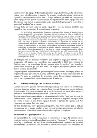 Cada miembro del equipo de base debe ejercer un cargo. Por lo tanto, debe haber tantos
cargos como miembros tiene el equipo. De acuerdo con el principio de participación
equitativa, los cargos son rotativos: con el tiempo, es bueno que todos los componentes
de un equipo puedan ejercer todos los cargos. Si algún miembro de un equipo tiene más
dificultades para ejercer un determinado cargo, cuando le toque ejercerlo ya recibirá el
apoyo del “ayudante” de su equipo.
Si hace falta, se puede crear un cargo específico –con una función también muy
específica- para un miembro de un equipo que lo requiera:
           “En un principio, nuestro alumno (DJ) no era capaz de realizar ninguna de las tareas con un
       mínimo de éxito tal y como estaban planteadas. Así que inventamos un rol a su medida (el de
       “ayudante del material”, con la tarea de “ayudar al encargado de material a traer y recoger el
       material necesario para trabajar”), facilitada esta solución por la circunstancia de que el equipo en
       el que estaba DJ era de cinco componentes. De esta manera cumplimos un doble objetivo: Por un
       lado, este cargo le permite acompañar continuamente al responsable de material en sus
       desplazamientos por la clase para buscar el material y tiene la oportunidad de levantarse más que
       el resto de los compañeros de una manera justificada y de acuerdo a sus necesidades; también va
       conociendo los materiales, el lugar donde se guardan las cosas, aprendiendo vocabulario…; por
       otro lado, los demás dependen de él, ya que si no va a buscar los materiales no podrán trabajar;
       tiene una responsabilidad que cumplir hacia los demás, tendrá que sufrir las reprimendas de sus
       iguales si no lo cumple. Queda claro, pues, que los demás vivencian respecto a DJ la
       interdependencia positiva de una manera natural, dentro de la vida y la organización de la clase”
       (Breto y Pujolàs, 2010).
En principio, son los maestros o maestras que asignan el cargo, por primera vez, al
componente del equipo que consideren más capacitado o hábil para ejecutar las
funciones que el cargo conlleva. De esta manera, sirve de “modelo” para cuando lo
ejerzan otros alumnos, ya que, más tarde, los propios participantes podrán solicitar
ejercer un cargo determinado.
Los participantes deben entender que desempeñar correctamente un cargo y ejercer las
responsabilidades que conlleva es muy importante para el buen funcionamiento del
equipo. Por esto, los miembros de un mismo equipo deben exigirse mutuamente a
ejercer con responsabilidad las funciones propias de su cargo.

3.5.    Los Planes del Equipo y las revisiones periódicas
Cuando los equipos ya están mínimamente organizados y cada uno de sus miembros ya
tiene una función a realizar, una responsabilidad concreta (nótese que aún no hablamos
de cargos con diferentes funciones), ya se puede introducir un nuevo elemento en el
proceso de enseñanza del trabajo en equipo: Los Planes de Equipo.
Se trata –como hemos avanzado en la introducción del Ámbito C- de una “declaración
de intenciones”, de un “proyecto”, una previsión de lo que se proponen conseguir, tener
en cuenta o fijarse de una forma especial durante el periodo de vigencia del Plan
(generalmente, quince días, o un mes).
Se trata de algo muy nuevo para los participantes, muy poco común, que no utilizan
normalmente en el marco escolar, y que, por este motivo, proponemos introducirlo
paulatinamente, en formatos sucesivamente más completos y complejos.

Primer Plan del Equipo (Modelo 1):
En el primer Plan –tal como se muestra en el formulario de la figura 42- constan los dos
objetivos básicos propios del aprendizaje cooperativo (“aprender” y “ayudarse unos a
otros”) y el nombre de cada uno de los miembros del equipo, con la función que tiene
encomendada. Los objetivos y las funciones o responsabilidades de cada uno dentro del


                                                    83
 
