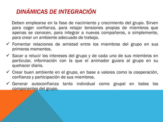 DINÁMICAS DE INTEGRACIÓN
    Deben emplearse en la fase de nacimiento y crecimiento del grupo. Sirven
    para coger confianza, para relajar tensiones propias de miembros que
    apenas se conocen, para integrar a nuevos compañeros, o simplemente,
    para crear un ambiente adecuado de trabajo.
   Fomentar relaciones de amistad entre los miembros del grupo en sus
    primeros momentos.
   Sacar a relucir los intereses del grupo y de cada uno de sus miembros en
    particular, información con la que el animador guiara al grupo en su
    quehacer diario.
   Crear buen ambiente en el grupo, en base a valores como la cooperación,
    confianza y participación de sus miembros.
   Generar autoconfianza tanto individual como grupal en todos los
    componentes del grupo.
 