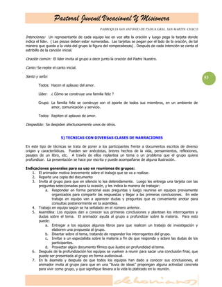 Pastoral Juvenil Vocacional Y Misionera
PARROQUIA SAN ANTONIO DE PADUA.GRAL. SAN MARTIN. CHACO
53
Intenciones: Un representante de cada equipo lee en voz alta la oración y luego pega la tarjeta donde
indica el líder. ( Las piezas deben estar numeradas. Las tarjetas se pegan por el lado de la oración, de tal
manera que queda a la vista del grupo la figura del rompecabezas) . Después de cada intención se canta el
estribillo de la canción inicial.
Oración común: El líder invita al grupo a decir junto la oración del Padre Nuestro.
Canto: Se repite el canto inicial.
Santo y seña:
Todos: Hacen el aplauso del amor.
Líder: ¿ Cómo se construye una familia feliz ?
Grupo: La familia feliz se construye con el aporte de todos sus miembros, en un ambiente de
amor, comunicación y servicio.
Todos: Repiten el aplauso de amor.
Despedida: Se despiden afectuosamente unos de otros.
5) TECNICAS CON DIVERSAS CLASES DE NARRACIONES
En este tipo de técnicas se trata de poner a los participantes frente a documentos escritos de diverso
origen y características. Pueden ser anécdotas, breves hechos de la vida, pensamientos, reflexiones,
pasajes de un libro, etc. A través de ellos replantea un tema o un problema que el grupo quiera
profundizar. La presentación se hace por escrito y puede acompañarse de alguna ilustración.
Indicaciones generales para su uso en reuniones de grupos:
1. El animador motiva brevemente sobre el trabajo que se va a realizar.
2. Reparte una copia del documento
3. Invita al grupo para que en silencio lo lea detenidamente. Luego les entrega una tarjeta con las
preguntas seleccionadas para la ocasión, y les indica la manera de trabajar:
a. Responder en forma personal esas preguntas y luego reunirse en equipos previamente
organizados para compartir las respuestas y llegar a las primeras conclusiones. En este
trabajo en equipo van a aparecer dudas y preguntas que es conveniente anotar para
consultas posteriormente en la asamblea.
4. Trabajo en equipo según se ha señalado en el número anterior.
5. Asamblea: Los equipos dan a conocer sus primeras conclusiones y plantean los interrogantes y
dudas sobre el tema. El animador ayuda al grupo a profundizar sobre la materia. Para esto
puede:
a. Entregar a los equipos algunos libros para que realicen un trabajo de investigación y
elaboren una propuesta al grupo.
b. Disertar sobre el tema, tratando de responder los interrogantes del grupo.
c. Invitar a un especialista sobre la materia a fin de que responda y aclare las dudas de los
participantes.
d. Proyectar algún documento fílmico que ilustre en profundidad el tema.
6. Después de la profundización los equipos se vuelven a reunir para sacar una conclusión final, que
puede ser presentada al grupo en forma audiovisual.
7. En la ásamela y después de que todos los equipos han dado a conocer sus conclusiones, el
animador invita al grupo para que en una ―lluvia de ideas‖ propongan alguna actividad concreta
para vivir como grupo, y que signifique llevara a la vida lo platicado en la reunión.
 