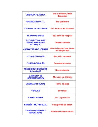 CIRURGIA PLÁSTICA
Sou a modelo Gisele
Bündchen
GRAMA ARTIFICIAL Sou jardineiro
MÁQUINA DE ESCREVER Sou Analista de Sistemas
PLANO DE SAÚDE Sou dono de hospital
PET SHOPPING QUE
VENDE ANIMAIS DE
ESTIMAÇÃO
Detesto animais
ASSINATURA DE JORNAIS
Só uso internet que é tudo
em tempo real
LIVROS ERÓTICOS Sou freira ou padre
CURSO DE INGLÊS Sou americano (a)
ACESSÓRIOS DE COURO
DE JACARÉ
Sou ecologista
BANHEIRA DE
HIDROMASSAGEM
Moro em um kitinete
CREME ANTI-RUGAS Tenho 18 anos
VIDEOKÊ Sou cego
CARNE BOVINA Sou vegetariano
EMPRÉSTIMO PESSOAL Sou gerente de banco
VINHOS NACIONAIS E
IMPORTADOS
Não bebo nada de álcool
 