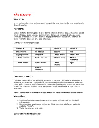 NÃO É JUSTO
OBJETIVO:
Levar à discussão sobre a diferença da competição e da cooperação para a realização
de um trabalho.
MATERIAL:
Cópias da folha de instruções. 2 rolos de fita adesiva. 3 folhas de papel azul de 25x25
cm. 3 folhas de papel amarelo de 25x25 cm. Compasso e régua. 1 folha de papel
laminado prateado 25x25 cm. 3 folhas de papel branco de 25x25 cm. 3 folhas de
papel vermelho de 25x25 cm. Cola e tesoura.
Distribuição material por grupo
GRUPO 1 GRUPO 2 GRUPO 3 GRUPO 4
fita adesiva fita adesiva tesoura cola
Papel prateado compasso 1 folha branca 1 folha azul
1 folha amarela 1 folha amarela 2 folhas azuis 2 folhas
vermelhas
1 folha branca 1 folha branca 1 folha
amarela
régua
2 folhas
vermelhas
DESENVOLVIMENTO:
Divida os participantes em 4 grupos, distribua o material (em pasta ou envelope) e
entregue as Instruções. Explique que cada grupo tem materiais diferentes, mas que
todos terão a mesma tarefa. Ao todo há material suficiente para se concluir as tarefas,
se este for usado da maneira certa. O primeiro grupo a completar a tarefa será o
vencedor.
OBS: a maneira certa é todos os grupos se unirem e entregarem um único trabalho.
VARIAÇÕES:
1. Escolha alguns participantes para serem observadores e darem feedback
estruturado.
2. Deixar na sala objetos que podem ser úteis, mas que não façam parte do
material “oficial”.
3. Variar os recursos e tarefas.
QUESTÕES PARA DISCUSSÃO:
 