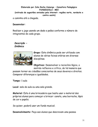 Elaborada por Julia Rocha Camargo – Consultora Pedagógica
FUNDESCOLA- MEC
(retirado de sugestões enviadas pela internet- regiões norte, nordeste e
centro-oeste)

o caminho até a chegada.
Desenrolar:
Realizar o jogo usando um dado e peões conforme o número de
integrantes de cada grupo.

Descrição Dinâmica
Grupo: Esta dinâmica pode ser utilizada com
alunos de várias faixas etárias em diversas
disciplinas.
Objetivos: Desenvolver o raciocínio lógico, o
sentido reflexivo e crítico, de tal maneira que
possam tornar-se cidadãos conscientes de seus deveres e direitos.
Comparar diferenças e igualdades.
Tempo: 1 aula
Local: sala de aula ou uma sala grande.
Material: Esta é uma brincadeira que basta usar o material dos
próprios alunos para começar a brincar: caneta, uma borracha, lápis
de cor e papéis.
Se quiser, poderá usar um fundo musical.
Desenvolvimento: Peça aos alunos que descrevam uma pessoa

31

 