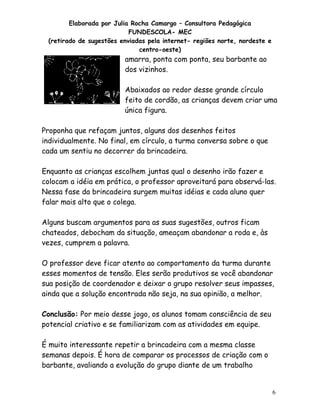 Elaborada por Julia Rocha Camargo – Consultora Pedagógica
FUNDESCOLA- MEC
(retirado de sugestões enviadas pela internet- regiões norte, nordeste e
centro-oeste)

amarra, ponta com ponta, seu barbante ao
dos vizinhos.
Abaixados ao redor desse grande círculo
feito de cordão, as crianças devem criar uma
única figura.
Proponha que refaçam juntos, alguns dos desenhos feitos
individualmente. No final, em círculo, a turma conversa sobre o que
cada um sentiu no decorrer da brincadeira.
Enquanto as crianças escolhem juntas qual o desenho irão fazer e
colocam a idéia em prática, o professor aproveitará para observá-las.
Nessa fase da brincadeira surgem muitas idéias e cada aluno quer
falar mais alto que o colega.
Alguns buscam argumentos para as suas sugestões, outros ficam
chateados, debocham da situação, ameaçam abandonar a roda e, às
vezes, cumprem a palavra.
O professor deve ficar atento ao comportamento da turma durante
esses momentos de tensão. Eles serão produtivos se você abandonar
sua posição de coordenador e deixar o grupo resolver seus impasses,
ainda que a solução encontrada não seja, na sua opinião, a melhor.
Conclusão: Por meio desse jogo, os alunos tomam consciência de seu
potencial criativo e se familiarizam com as atividades em equipe.
É muito interessante repetir a brincadeira com a mesma classe
semanas depois. É hora de comparar os processos de criação com o
barbante, avaliando a evolução do grupo diante de um trabalho

6

 