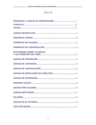 JUEGOS Y DIANÁMICAS PARA CAMPAMENTOS




                                             INDICE


DINAMICAS Y JUEGOS DE PRESENTACIÓN...............................2
DINÁMICAS..................................................................................2
JUEGOS........................................................................................7


JUEGOS RECREATIVOS..........................................................15

DINÁMICAS VARIAS..............................................................18

DINÁMICAS DE VALORES.......................................................21

DINAMICAS DE COMUNICACIÓN.............................................25

ACTIVIDADES SOBRE LA FAMILIA
Y LOS DERECHOS DEL NIÑO...................................................27

JUEGOS DE AFIRMACIÓN.......................................................34

JUEGOS DE CONFIANZA........................................................40

JUEGOS DE COMUNICACIÓN..................................................43

JUEGOS DE RESOLUCIÓN DE CONFLITOS.................................55

JUEGOS DE DISTENSIÓN.......................................................57

GRANDES JUEGOS................................................................60

JUEGOS PARA VELADAS.........................................................65

JUEGOS NOCTURNOS............................................................67

TALLERES............................................................................69

JUEGOS EN EL AUTOBÚS.......................................................70

JOCS PER EQUIPS.................................................................77




                                                   1
 