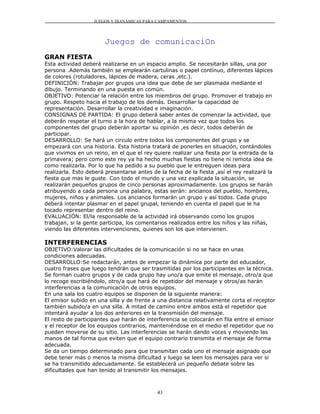 JUEGOS Y DIANÁMICAS PARA CAMPAMENTOS




                       Juegos de comunicaciOn
GRAN FIESTA
Esta actividad deberá realizarse en un espacio amplio. Se necesitarán sillas, una por
persona .Además también se emplearán cartulinas o papel contínuo, diferentes lápices
de colores (rotuladores, lápices de madera, ceras ,etc.).
DEFINICIÓN: Trabajar por grupos una idea que debe de ser plasmada mediante el
dibujo. Terminando en una puesta en común.
OBJETIVO: Potenciar la relación entre los miembros del grupo. Promover el trabajo en
grupo. Respeto hacia el trabajo de los demás. Desarrollar la capacidad de
representación. Desarrollar la creatividad e imaginación.
CONSIGNAS DE PARTIDA: El grupo deberá saber antes de comenzar la actividad, que
deberán respetar el turno a la hora de hablar, a la misma vez que todos los
componentes del grupo deberán aportar su opinión ,es decir, todos deberán de
participar.
DESARROLLO: Se hará un circulo entre todos los componentes del grupo y se
empezará con una historia. Esta historia tratará de ponerles en situación, contándoles
que vivimos en un reino, en el que el rey quiere realizar una fiesta por la entrada de la
primavera; pero como este rey ya ha hecho muchas fiestas no tiene ni remota idea de
como realizarla. Por lo que ha pedido a su pueblo que le entreguen ideas para
realizarla. Esto deberá presentarse antes de la fecha de la fiesta ,así el rey realizará la
fiesta que mas le guste. Con todo el mundo y una vez explicada la situación, se
realizarán pequeños grupos de cinco personas aproximadamente. Los grupos se harán
atribuyendo a cada persona una palabra, estas serán: ancianos del pueblo, hombres,
mujeres, niños y animales. Los ancianos formarán un grupo y así todos. Cada grupo
deberá intentar plasmar en el papel grupal, teniendo en cuenta el papel que le ha
tocado representar dentro del reino.
EVALUACIÓN: El/la responsable de la actividad irá observando como los grupos
trabajan, si la gente participa, los comentarios realizados entre los niños y las niñas,
viendo las diferentes intervenciones, quienes son los que intervienen.

INTERFERENCIAS
OBJETIVO:Valorar las dificultades de la comunicación si no se hace en unas
condiciones adecuadas.
DESARROLLO:Se redactarán, antes de empezar la dinámica por parte del educador,
cuatro frases que luego tendrán que ser trasmitidas por los participantes en la técnica.
Se forman cuatro grupos y de cada grupo hay uno/a que emite el mensaje, otro/a que
lo recoge escribiéndolo, otro/a que hará de repetidor del mensaje y otros/as harán
interferencias a la comunicación de otros equipos.
En una sala los cuatro equipos se disponen de la siguiente manera:
El emisor subido en una silla y de frente a una distancia relativamente corta el receptor
también subido/a en una silla. A mitad de camino entre ambos está el repetidor que
intentará ayudar a los dos anteriores en la transmisión del mensaje.
El resto de participantes que harán de interferencia se colocarán en fila entre el emisor
y el receptor de los equipos contrarios, manteniéndose en el medio el repetidor que no
pueden moverse de su sitio. Las interferencias se harán dando voces y moviendo las
manos de tal forma que eviten que el equipo contrario transmita el mensaje de forma
adecuada.
Se da un tiempo determinado para que transmitan cada uno el mensaje asignado que
debe tener más o menos la misma dificultad y luego se leen los mensajes para ver si
se ha transmitido adecuadamente. Se establecerá un pequeño debate sobre las
dificultades que han tenido al transmitir los mensajes.



                                            43
 