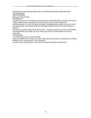 JUEGOS Y DIANÁMICAS PARA CAMPAMENTOS



partiendo de motivaciones diferentes y comprender actitudes aparentemente
incomprensibles.
PARTICIPANTES
Menos de 30 personas.
DESARROLLO
Se pide que cinco o seis personas se presenten voluntariamente al centro del circulo.
Luego deberán decir al grupo las motivos por los que se han presentado
voluntariamente. El resto del grupo escucha. Seguidamente se pide a quienes no se
han presentado voluntariamente que expongan públicamente sus motivos para no
hacerlo.
Este ejercicio puede hacerse de otro modo : se pide a quienes no se han presentado
voluntariamente que digan por que creen que se se han presentado los otros y
viceversa
EVALUACIÓN
las motivaciones son muy personales
nadie es dueño de la verdad, sino que cada cual puede poseer una parte de la misma
debemos ser menos jueces y mas humanos
muchas veces proyectamos en los demás nuestras propias motivaciones




                                          56
 