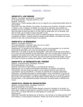 JUEGOS Y DIANÁMICAS PARA CAMPAMENTOS




                               GRANDES JUEGOS

JUEGO Nº1: LOS INDIOS
Objetivo: Estratega, socialización y cooperación.
Nº de participantes: 4 Equipos (entre 8 y 10).
Material: Temperas.
Organización: Cuatro equipos cada uno en un esquina, los componentes deben llevar la
cara pintada.
Desarrollo: Los rojos pillarán a los azules; los azules a los amarillos; amarillos a verdes
y verdes a rojos. Si alguien es pillado va a casa de los opuestos, pero pueden ser
salvados por sus compañeros. Los equipos pueden aliarse, de forma que si un verde
tiene que pillar a tiene que pillar a un rojo, éste se puede aliar con un amarillo, que
pilla al verde, así al verde le cuesta más pillar al rojo.
Los que son pillados y están en la cárcel no pueden escaparse, hasta que uno de sus
compañeros lo libere.. Cuando todos los equipos estén pillados, se empieza de nuevo.
Ganará el que más contrarios tenga en su esquina.

JUEGO Nº2: LA BÚSQUEDA
Objetivo: Estrategia, Nocturno.
Nº de participantes: 2 Equipos (cada uno con un color).
Material: Temperas o lazos de colores.
Organización: un equipos son los cazadores y el otro los perseguidos. En un terreno
previamente delimitado, por el que los perseguidos se repartirán.
Desarrollo: A la señal, el grupo de "perseguidos", tiene dos minutos para esconderse
en en zona que previamente ha sido delimitada. A los dos minutos sale el grupo de los
cazadores, los cuales tienen siete minutos para pillar a sus contrincantes, una vez
pillados deben llevarlos a una "cárcel" que será el punto de partida del juego. Una vez
terminado el tiempo se cambian los papeles. Gana el equipo que mas personas pille.

JUEGO Nº3: LA CONQUISTA DEL TESORO
Objetivo: Entretenimiento, estrategia, Nocturno.
Nº de participantes: Gran grupo.
Material: Una linterna intermitente y una linterna por persona.
Organización: En un espacio previamente delimitado, se colocará una linterna
intermitente. Del gran grupo se cogerá a unas cuantas personas que harán de
"guardianes" que se esconderán, y el resto se repartirá por el espacio delimitado.
Desarrollo: La finalidad del juego es intentar llegar a la luz intermitente. El grupo de
guardianes estará escondido en lugares estratégicos, de los que no se podrán mover,
para evitar que nadie llegue. Los demás deben intentar llegar sin que los guardianes
les descubran, si son descubiertos deben retroceder cincuenta pasos e intentarlo de
nuevo.

JUEGO Nº4: CROSS DE ORIENTACIÓN
Objetivo: Entretenimiento, estrategia, Nocturno.
Nº de participantes: Gran grupo.
Material: Un mapa de la zona (podéis dibujarlo vosotros), Brújulas (si no tenéis, no
pasa nada). Balizas (construidas por vosotros mismos, por ejemplo un trozo de papel,
con un Nº y un dibujo diferente en cada baliza).Un cronometro.
Organización:
Desarrollo: Escondéis las balizas por el terreno, y las marcáis en el mapa (ponéis el Nº
de la baliza) y si hay brújula la indicación. Situáis una zona de control, donde estéis


                                            60
 