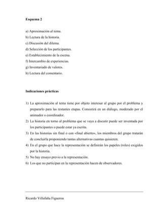 Esquema 2 
a) Aproximación al tema. 
b) Lectura de la historia. 
c) Discusión del dilema. 
d) Selección de los participantes. 
e) Establecimiento de la escena. 
f) Intercambio de experiencias. 
g) Inventariado de valores. 
h) Lectura del comentario. 
Indicaciones prácticas 
1) La aproximación al tema tiene por objeto interesar al grupo por el problema y 
prepararlo para las restantes etapas. Consistirá en un diálogo, moderado por el 
animador o coordinador. 
2) La historia en torno al problema que se vaya a discutir puede ser inventada por 
los participantes o puede estar ya escrita. 
3) En las historias sin final o con «final abierto», los miembros del grupo tratarán 
de concluirla proponiendo tantas alternativas cuantas quisieren. 
4) En el grupo que hace la representación se definirán los papeles (roles) exigidos 
por la historia. 
5) No hay ensayo previo a la representación. 
6) Los que no participan en la representación hacen de observadores. 
Ricardo Villafaña Figueroa 
 