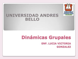Dinámicas Grupales
ENF. LUCIA VICTORIA
GONZALEZ
UNIVERSIDAD ANDRES
BELLO
 