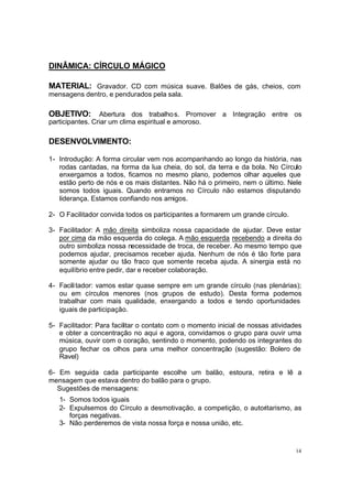 14
DINÂMICA: CÍRCULO MÁGICO
MATERIAL: Gravador. CD com música suave. Balões de gás, cheios, com
mensagens dentro, e pendurados pela sala.
OBJETIVO: Abertura dos trabalhos. Promover a Integração entre os
participantes. Criar um clima espiritual e amoroso.
DESENVOLVIMENTO:
1- Introdução: A forma circular vem nos acompanhando ao longo da história, nas
rodas cantadas, na forma da lua cheia, do sol, da terra e da bola. No Círculo
enxergamos a todos, ficamos no mesmo plano, podemos olhar aqueles que
estão perto de nós e os mais distantes. Não há o primeiro, nem o último. Nele
somos todos iguais. Quando entramos no Círculo não estamos disputando
liderança. Estamos confiando nos amigos.
2- O Facilitador convida todos os participantes a formarem um grande círculo.
3- Facilitador: A mão direita simboliza nossa capacidade de ajudar. Deve estar
por cima da mão esquerda do colega. A mão esquerda recebendo a direita do
outro simboliza nossa necessidade de troca, de receber. Ao mesmo tempo que
podemos ajudar, precisamos receber ajuda. Nenhum de nós é tão forte para
somente ajudar ou tão fraco que somente receba ajuda. A sinergia está no
equilíbrio entre pedir, dar e receber colaboração.
4- Facilitador: vamos estar quase sempre em um grande círculo (nas plenárias);
ou em círculos menores (nos grupos de estudo). Desta forma podemos
trabalhar com mais qualidade, enxergando a todos e tendo oportunidades
iguais de participação.
5- Facilitador: Para facilitar o contato com o momento inicial de nossas atividades
e obter a concentração no aqui e agora, convidamos o grupo para ouvir uma
música, ouvir com o coração, sentindo o momento, podendo os integrantes do
grupo fechar os olhos para uma melhor concentração (sugestão: Bolero de
Ravel)
6- Em seguida cada participante escolhe um balão, estoura, retira e lê a
mensagem que estava dentro do balão para o grupo.
Sugestões de mensagens:
1- Somos todos iguais
2- Expulsemos do Círculo a desmotivação, a competição, o autoritarismo, as
forças negativas.
3- Não perderemos de vista nossa força e nossa união, etc.
 