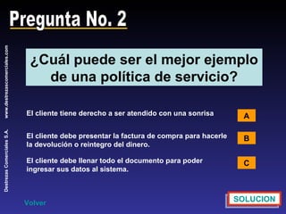 Pregunta No. 2 ¿Cuál puede ser el mejor ejemplo de una política de servicio? A B C SOLUCION Volver El cliente tiene derecho a ser atendido con una sonrisa El cliente debe presentar la factura de compra para hacerle la devolución o reintegro del dinero. El cliente debe llenar todo el documento para poder ingresar sus datos al sistema. 